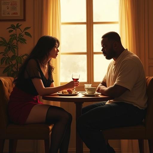 Stylish romantic indoor café scene with a Japanese woman and a Black man. Soft morning light shines through a window. They sit at a cozy table near the window. A teacup and pastries are on the table. The scene conveys warmth and emotional connection without explicit content.