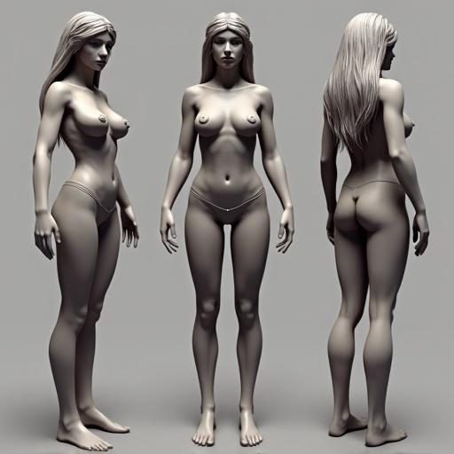 3D sculpt of feminine female. Morrigan Aensland character design. Displays front side and back views in A-pose. Emphasizes hourglass shape. Clay render style captures stylized body. Character datasheet format showcases standard rig pose. Soft light used for effective details and shadows.