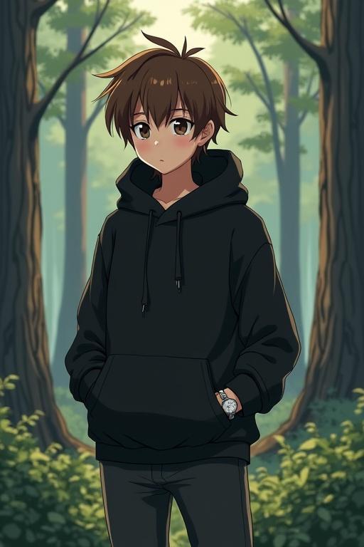 Anime-style character depicted in a forest. Character has brown hair. Wearing a black hoodie and black pants. Features a watch on character's wrist.