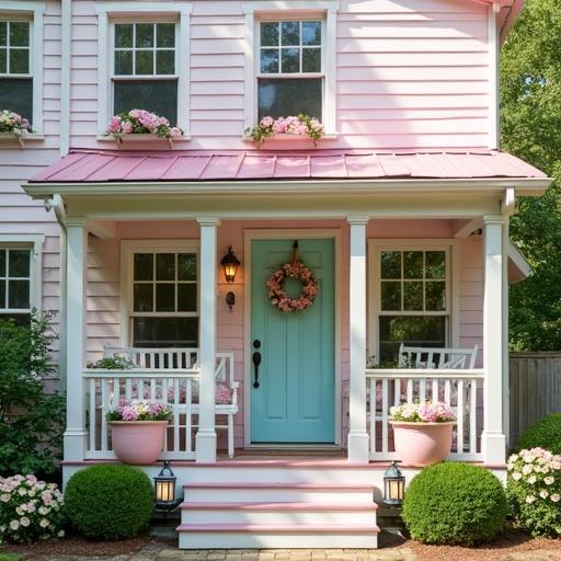 A light pink and white cottage with a wide wrap around porch. Six windows with shutters and flower boxes. Pink roof and an aqua door decorated with a wreath. Flower pots with light pink roses and white hydrangeas. Tall aqua lanterns beside the pots. Twinkling lights on the wreath and lights on inside. A swing on the porch with light pink rose printed pillows.