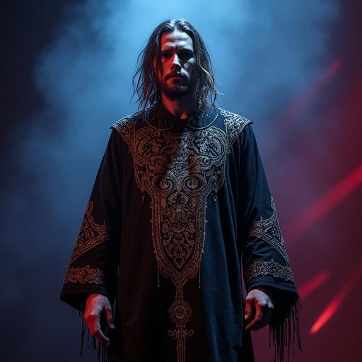 Bold and expressive T-shirt design featuring a central figure. Stylized and cut out. Enhanced textures and dramatic shadows. Mythical clothing patterns with glowing accents. Background mimicking stage atmosphere. Smooth gradient lighting in deep blue warm burgundy amber tones. Band name in Slavic Gothic-style font. Optional decorative details.