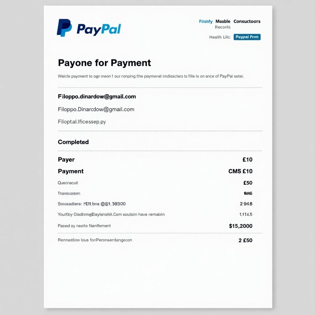 Document displays clear proof of payment from PayPal to filippo.dinardoww@gmail.com. Receipt in recognizable PayPal design. Layout shows bold text with a simple background. Transaction completed for £10. Document includes PayPal logo, payer details, transaction amount, and a receipt number. Features a modern design for online payments.