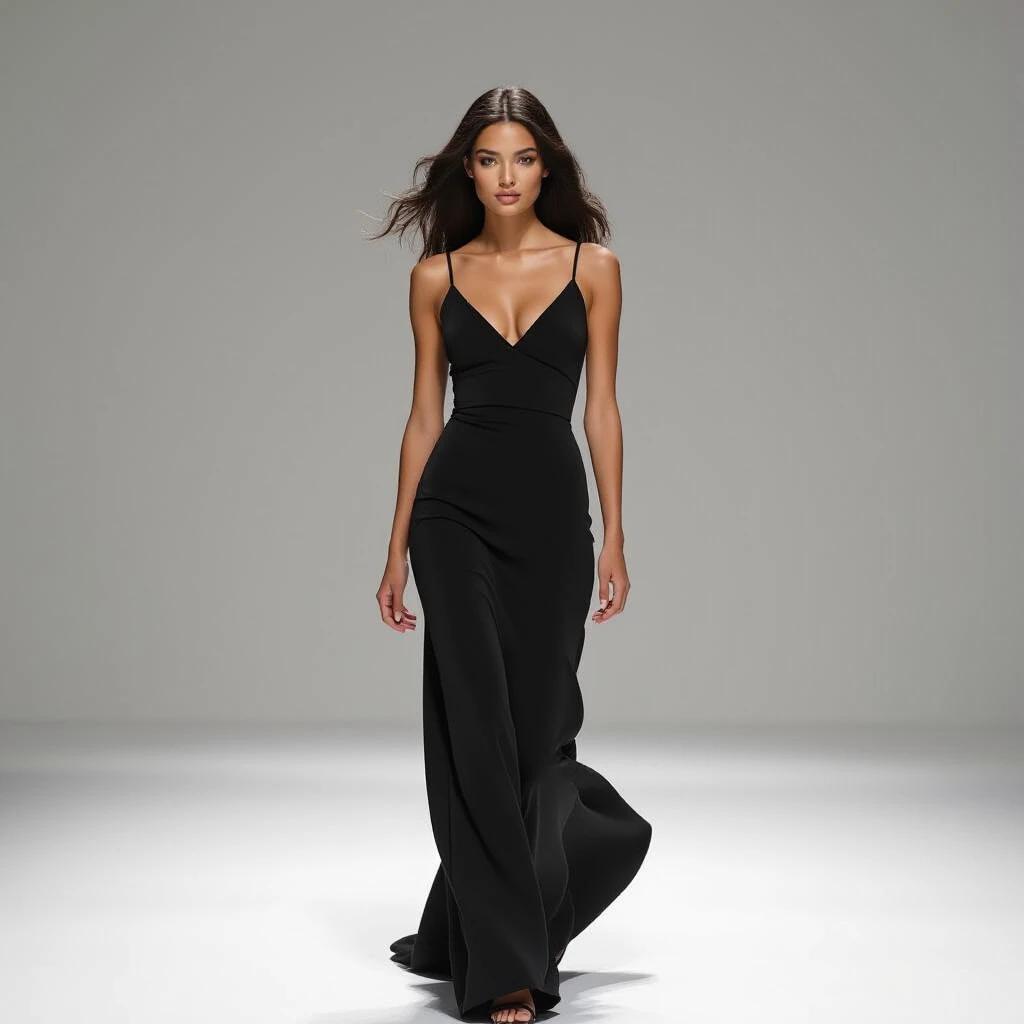 A stunning fashion model walks across the screen in a minimalist gray studio. She has flowing black hair and a sculptural body. The full body view captures her graceful and confident presence. The model pauses and turns back to the camera with eye contact. She leans in close to the camera, whispering softly, creating a captivating vibe. The scene is inspired by Luigi & Iango’s cinematic style. Dramatic lighting enhances the elegance and sensuality.