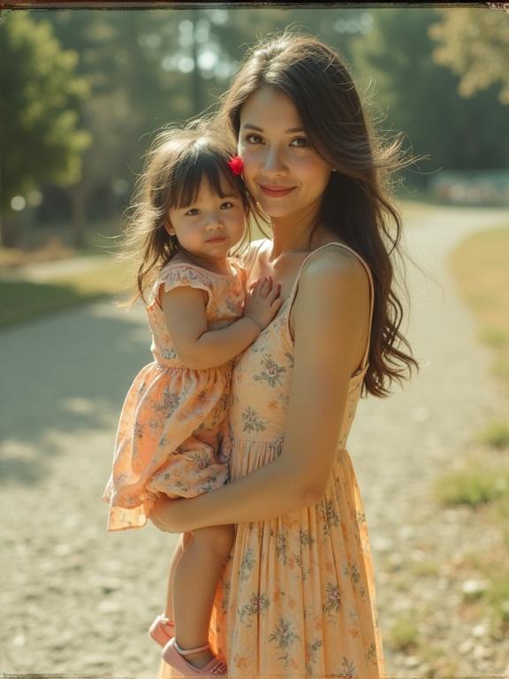 Mother with daughter in sundresses standing together. Low resolution and pixelated appearance resembling early 2000s digital photos. Nostalgic feel similar to vintage cellphone and disposable camera photos. High contrast with vibrant colors and cross-processed look.