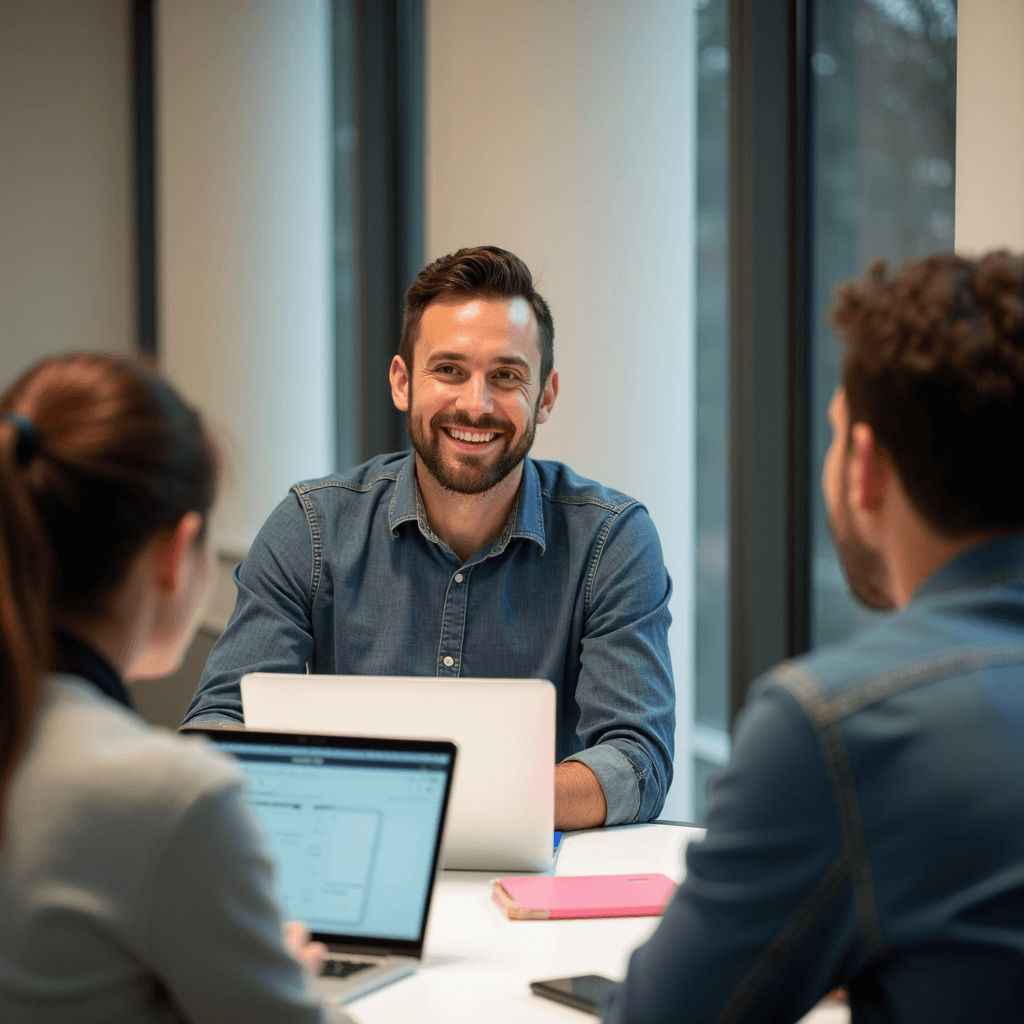 Three people are sitting in an office having a discussion around a table.