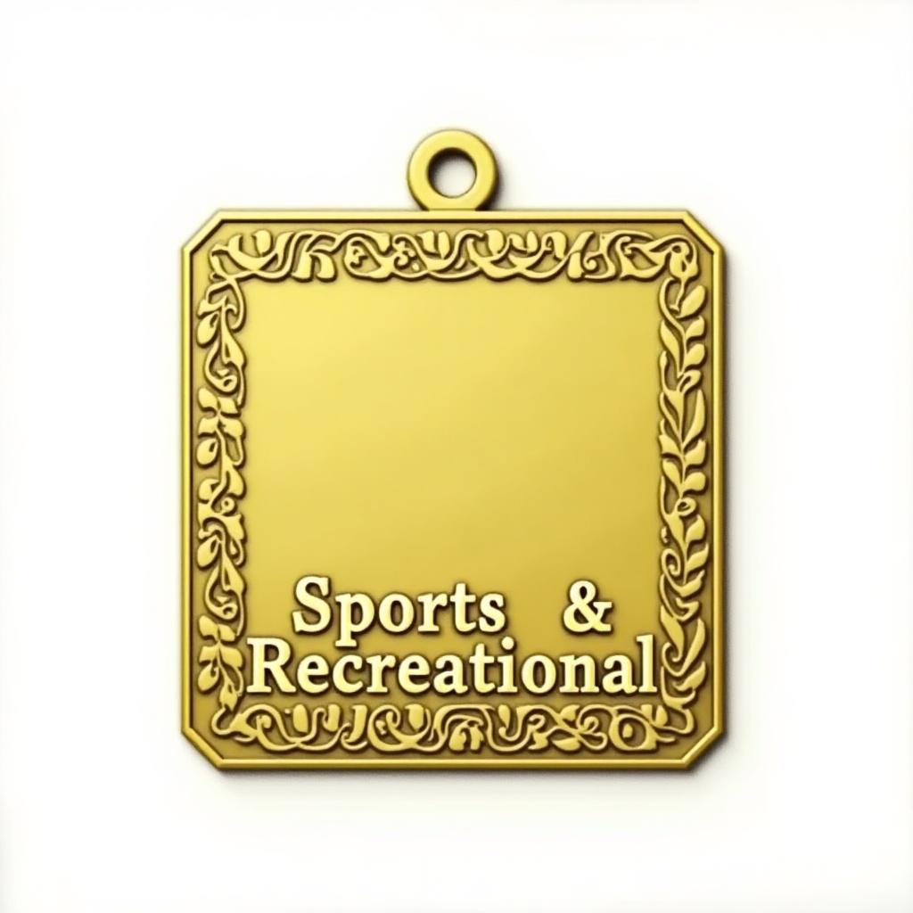 Gold square shaped medal features decorative borders. Custom logo can be added. Text mentions Sports & Recreational 2024. Contains initials BP RMT PRPC.