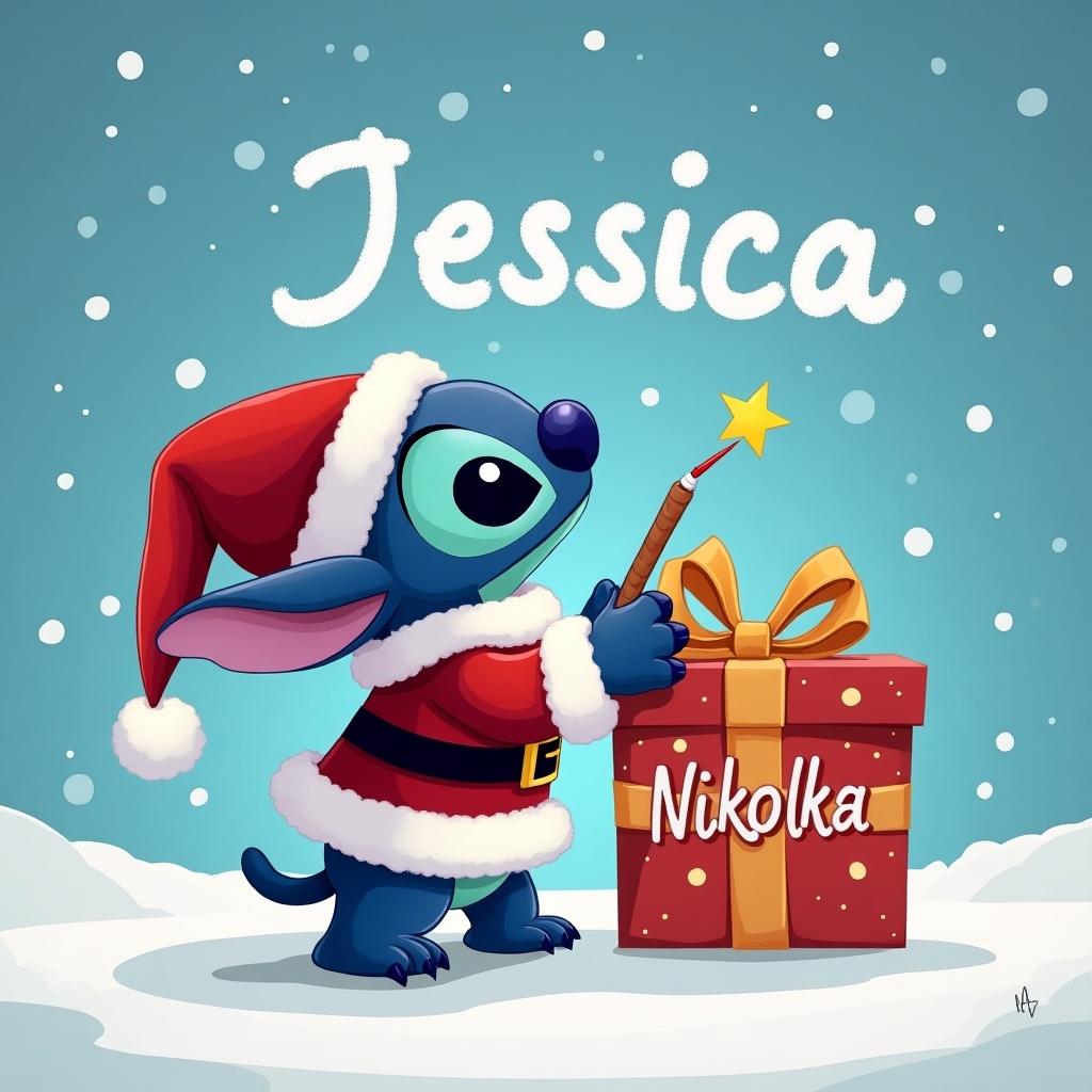 Stitch writes Jessica in the sky with a wand. Stitch dressed in a Santa outfit. Stitch holds a Christmas present labeled Nikolka.