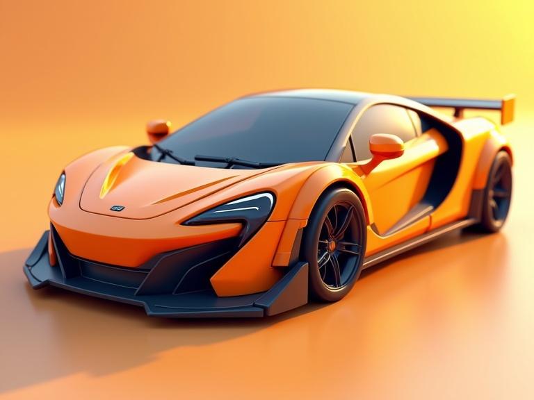 Orange McLaren sport car in voxel style with cubic design. Low angle perspective showcases modern design elements. Rendered in 3D, highlighting vibrant colors and details.
