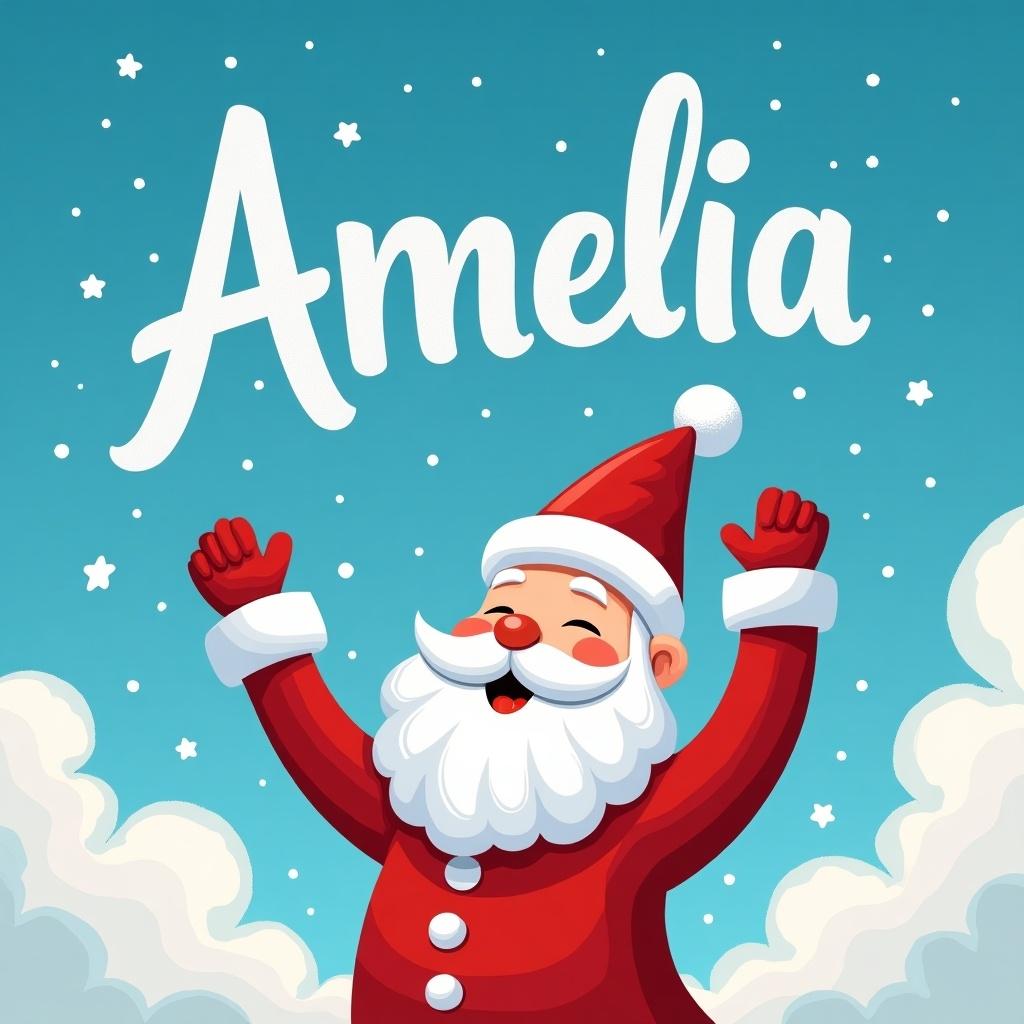 In this cheerful image, Santa Claus stands against a bright blue sky filled with fluffy clouds. He is joyfully raising his arms, exuding happiness. Above him, the name 'Amelia' is beautifully written in large, playful letters. The scene captures the spirit of Christmas and celebration. Snowflakes gently fall around him, adding to the winter ambiance.