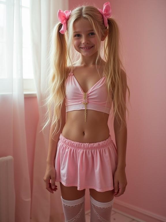 Young girl with long blonde hair and pink bows. Standing in a pink room, wearing a crop top and a micro skirt. Accessories include a belly chain and thigh-high socks. Flirty expression, bright colors. Low resolution image with soft edges and grainy quality.