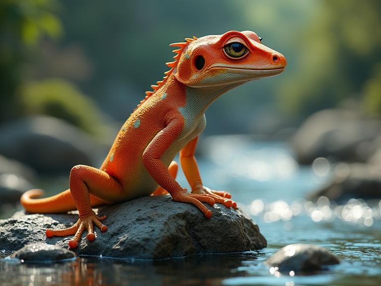 Disney-inspired gecko character. Sitting on a rock beside a river. Hyperrealistic style with intricate details. Colorful background with dramatic lighting. Mid shot from a 2/3 face angle.
