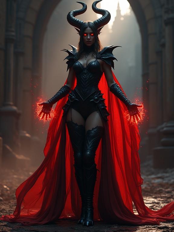Full-length character view of a dark fantasy demoness standing. Features include glowing cracked horns and gold eyes. Wears gothic black armor with thigh and knee protection. Clawed boots are visible. A crimson translucent cape swirls around her legs. Hands release dark energy in a low-angle pose. Background lighting is cinematic. Textures are hyper-realistic with armor scales and ash skin.