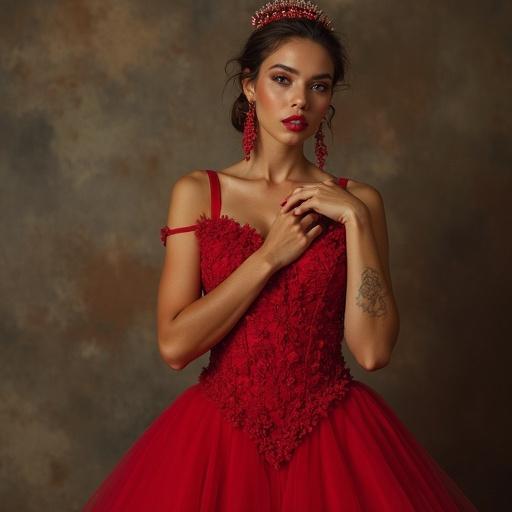 Hiperrealista ratita en vestido rojo de gasa con gesto de beso.