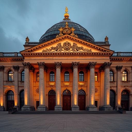 The image shows the majestic Bolshoi Theatre in Moscow at dusk. The building features an ornate dome and grand columns illuminated beautifully in warm light. Surrounding area appears calm and inviting. Architecture showcases neoclassical style.