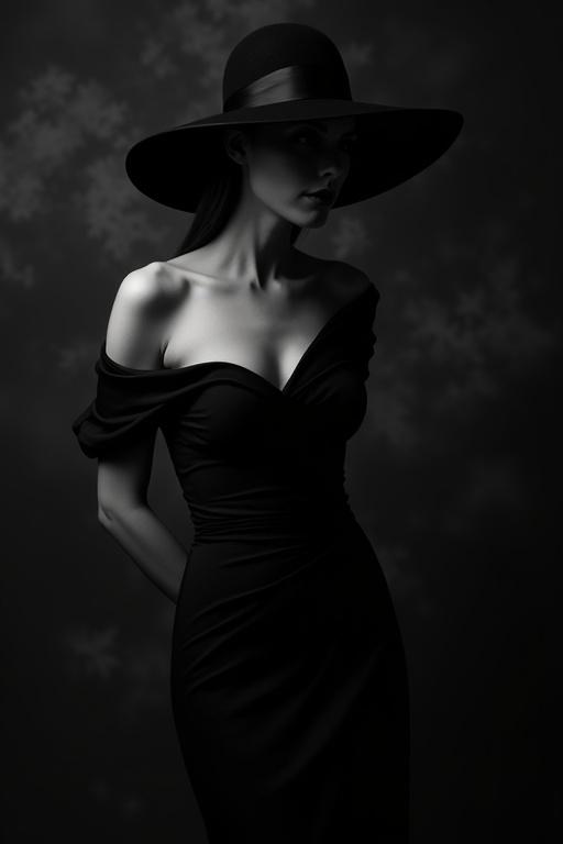 Monochrome high fashion portrait of a woman in a fitted black dress and wide-brimmed hat. Dimly lit scene with a blurred background. Shadows create a mysterious ambiance.