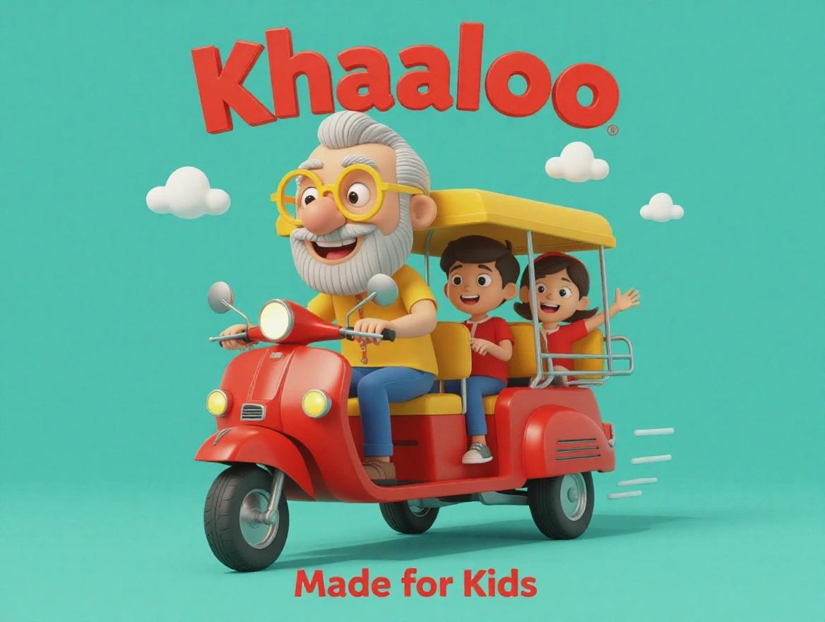 3D character called Khaaloo. He is from Upper Egypt. He is about 50 years old. Wearing yellow glasses. His head is out of a red tuk-tuk. The tuk-tuk has children in red and yellow. Cheerful picture with logo. Words Khaloo in capital letters. Made for Kids in small letters.
