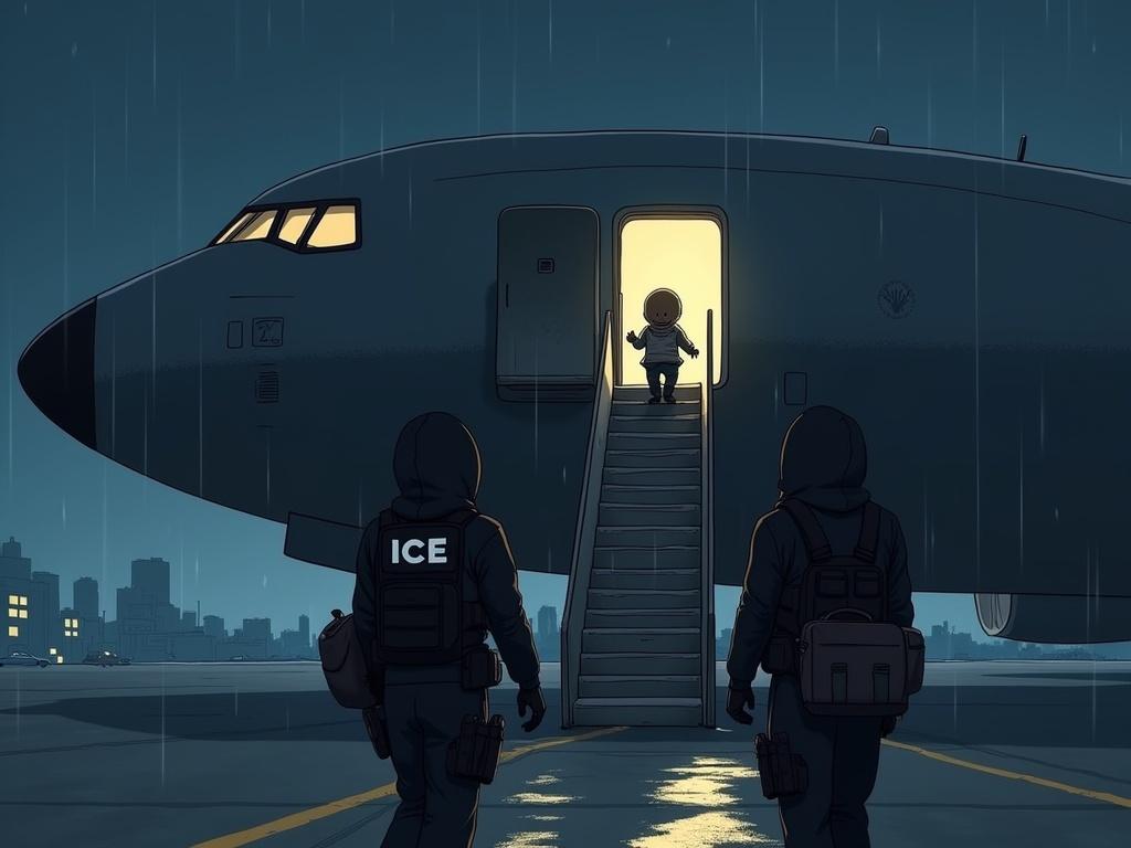A dramatic cartoon in Ghibli style shows two hooded ICE agents in tactical gear on a wet tarmac at night. They carry a small 2-year-old baby up the stairs of a government airplane. The baby is wrapped in a light blanket, looking confused but safe. The aircraft is a large, grey military jet with an open hatch, lit by floodlights. The atmosphere is tense and mysterious due to the rain and shadows.