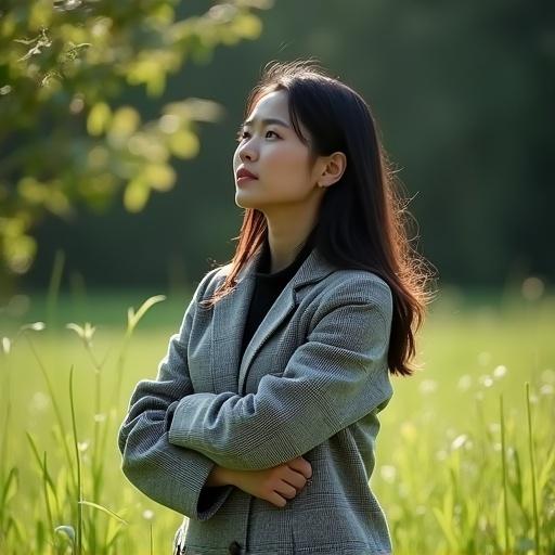 An Asian woman with black hair stands in waist-high grass with her arms crossed. She gazes into the distance. Sunlight penetrates the grass leaves, creating light spots on her face. Dark green blurred trees are in the background. The image captures a quiet atmosphere, highlighting coexistence with nature.