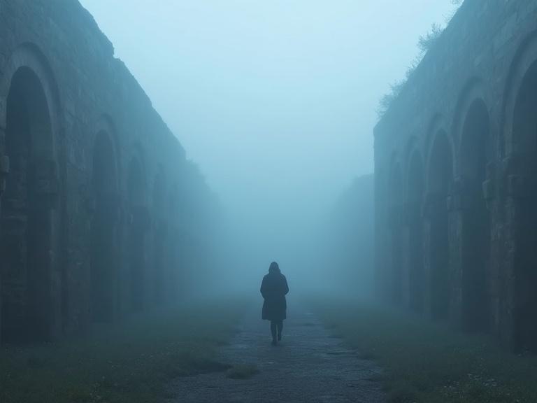 A person walks alone in foggy ruins. The setting shows an eerie atmosphere with ghostly hands visible in the mist. The color scheme is blue-gray and features minimalist composition.