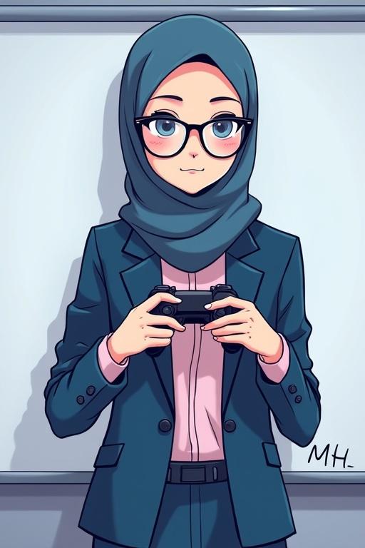 Cartoon-style illustration of a young woman. She wears hijab and large cat-eye glasses. Holding a game controller and a presentation clicker. Dressed in a suit. Character has anime-inspired proportions. Simple lines used in drawing. Color theme includes different shades of blue with soft pink accents. Text 'MH' included.