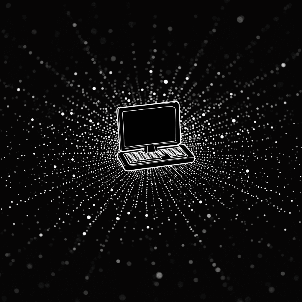 A computer surrounded by a network of white dots, resembling a digital starfield on a black background.