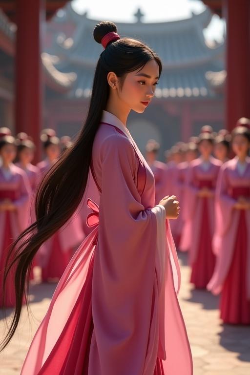 Woman in pink silk hanfu with long hair in pigtails in a Chinese castle surrounding by women in similar attire