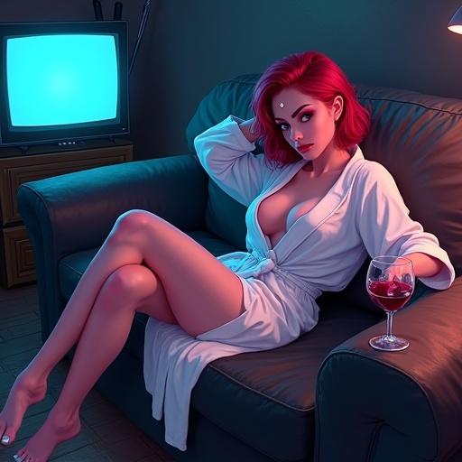 A digital painting of a character resembling Pearl from Steven Universe. The setting is a dimly lit apartment with a cluttered vibe. A blue light from an old TV creates a moody atmosphere. The character lounges confidently in a loose robe on a couch. One leg is bent, the other stretched. Bare feet with nail polish are prominent. A glass of wine is casually balanced on her ribcage, and she poses with one hand behind her head, looking directly at the viewer with a smirk. The style features gritty painterly textures with deep shadows and warm highlights.