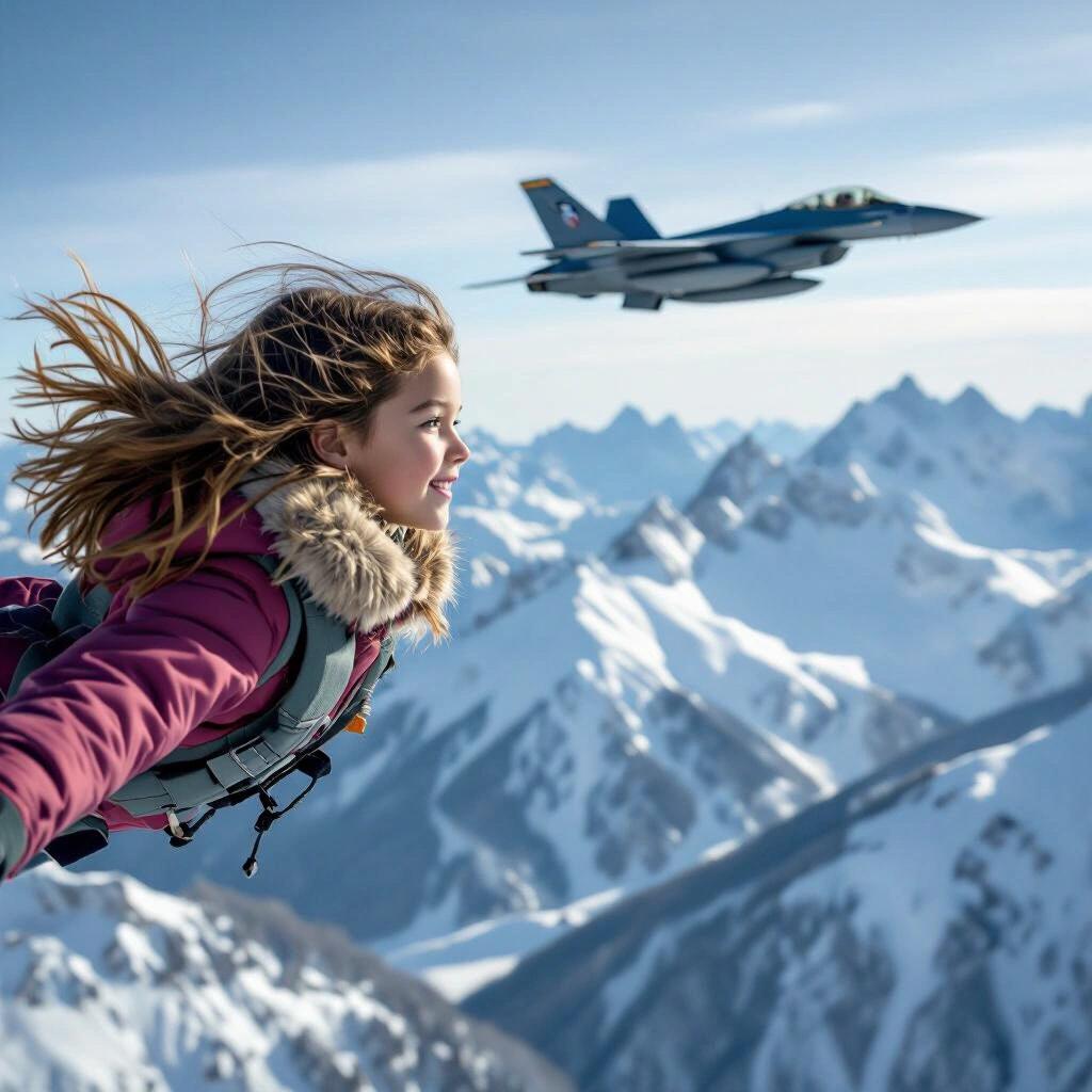Young girl with long hair flying through the sky alongside a fighter jet above a snowy mountain range.