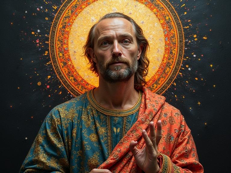 Saint with glowing halo. Blending traditional needlework with advanced techniques. Unique art and technology fusion on display.