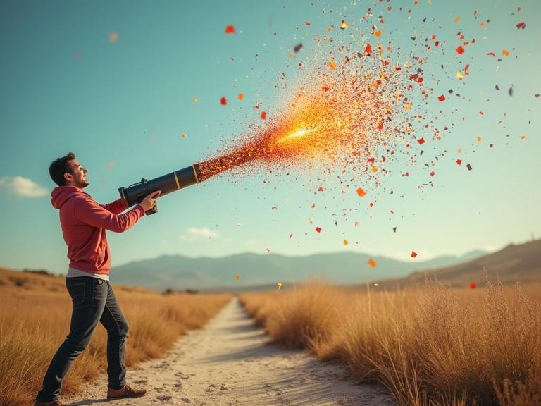 A person is joyfully popping a confetti cannon outdoors. A scene of celebration at a milestone marker. Bright, colorful confetti explodes into the air. An open path and mountains in the background enhance the setting.