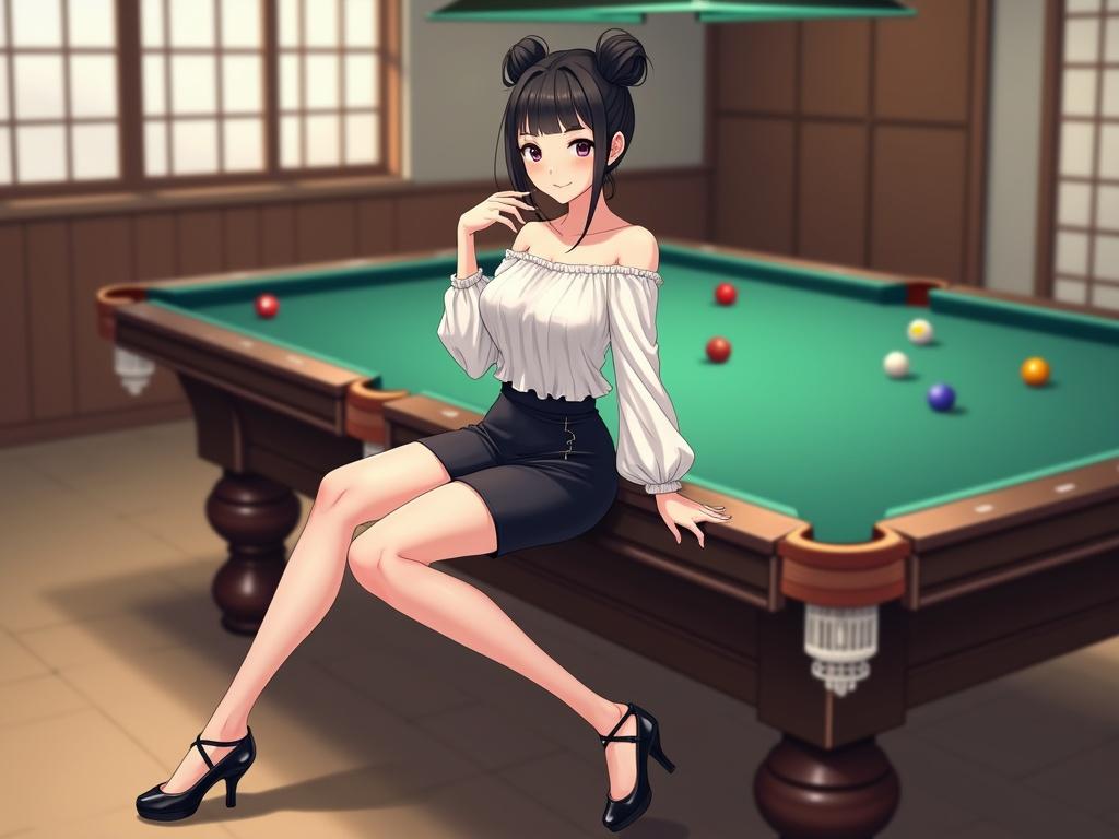 Full-body image of an East Asian woman illustrated in realistic-kawaii anime style. She sits elegantly on a pool table. Her legs are clad in sheer black pantyhose. There are billiards balls on the table. She wears a white chiffon blouse and a black knee-length skirt.