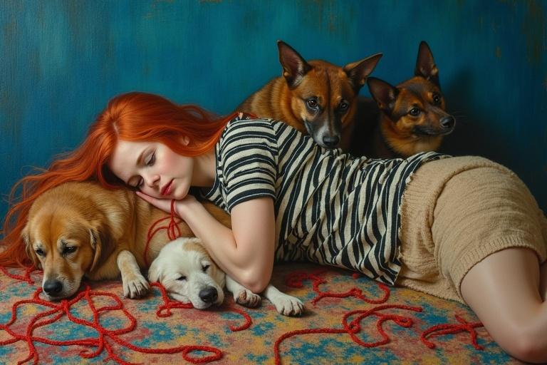 A red-haired young woman reclines with three dogs on a colorful patterned surface. They are connected by red thread. The scene has a deep blue backdrop. The atmosphere feels intimate and introspective with rich textures.