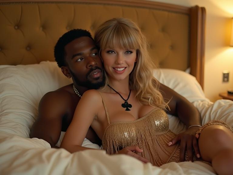 A full body shot of a slender beautiful woman in a gold fringe dress is lying on a bed with her boyfriend. She has long blonde twintails and is wearing a black spade pendant. Her legs are toned. They are in a motel room. She holds a sign that says 'End Game' and smiles at the viewer. The setting has a warm ambient light.
