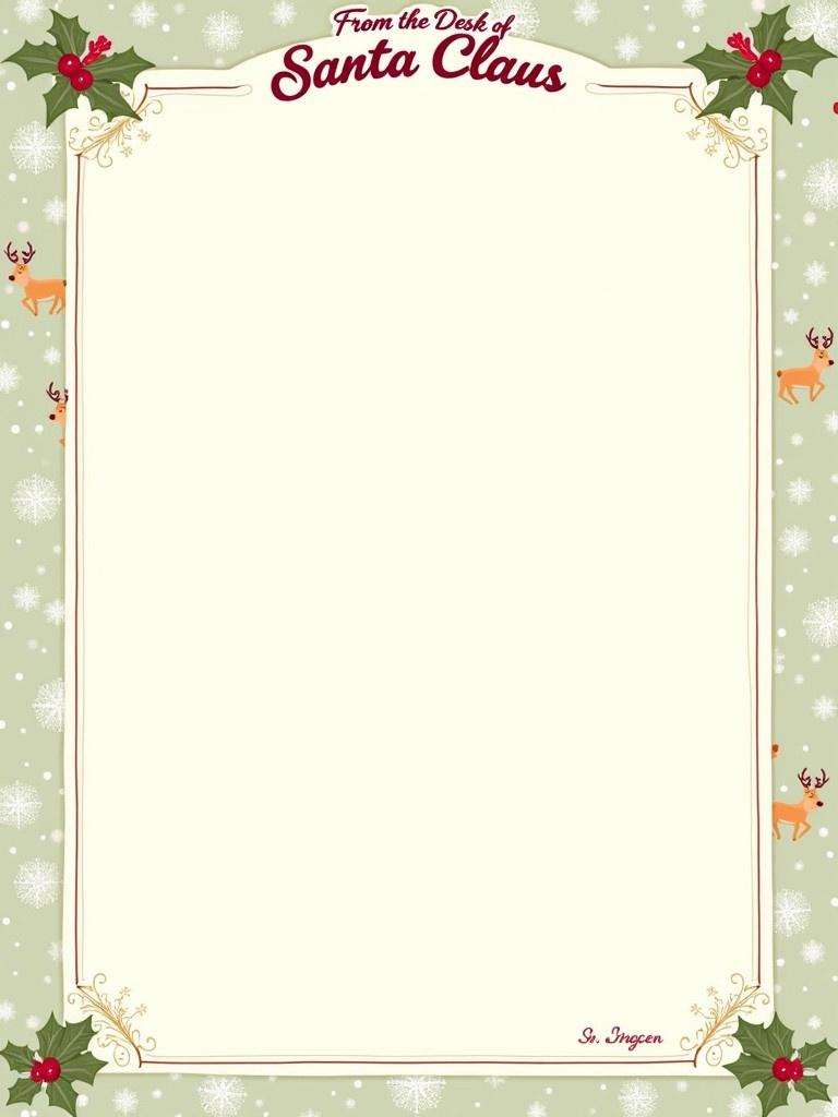 An elegant letterhead design featuring a classic Christmas theme. The background shows snowflakes and reindeer. Holly leaves frame the sides of the page. At the top, the text reads 'From the Desk of Santa Claus' in festive cursive. The letterhead is designed for personal letters addressed to 'Imogen.' Warm and friendly text congratulates Imogen on being on the Nice List. The letter concludes with Santa’s signature and a promise of surprises.