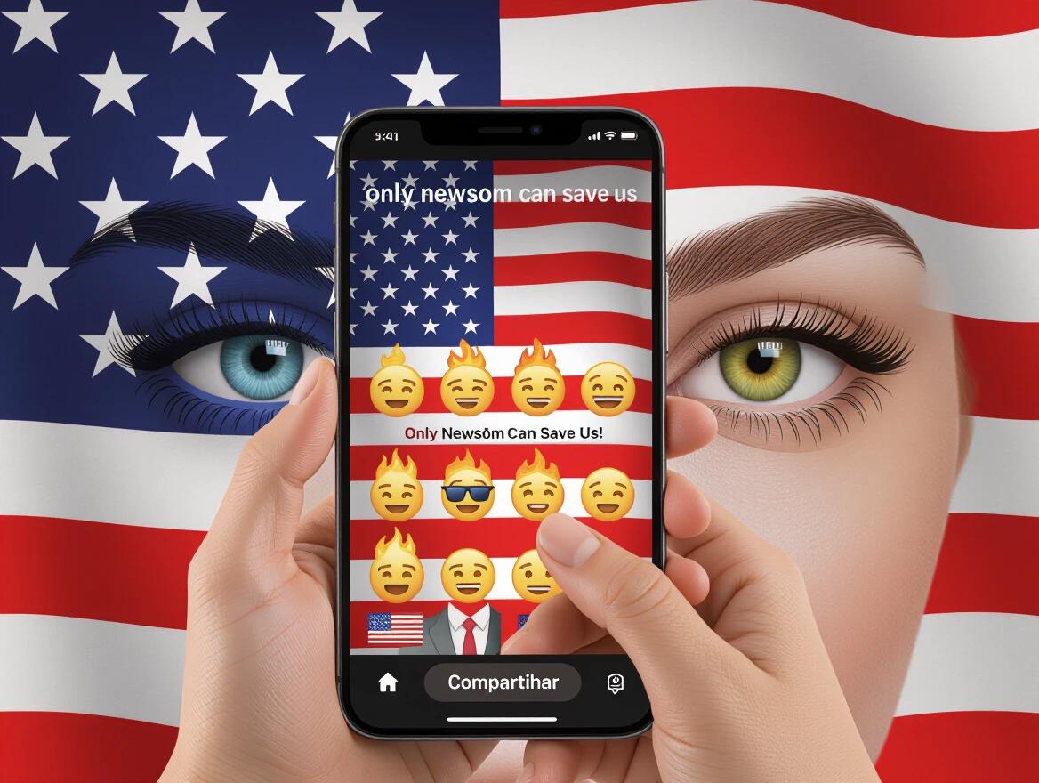 Close-up of smartphone showing viral post. Post reads 'ONLY NEWSOM CAN SAVE US'. Emojis with fire. Hands pressing share button. US flags reflected in eyes of person holding phone.
