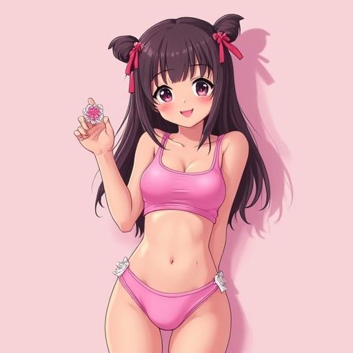 Anime character in pink crop top and panties. The character is smiling and holding a cute accessory. Soft pink background. Long hair with bows.