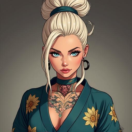 Anime character depiction of a woman aged 36 with frosted blue eyes and an oversized light blonde high bun. Wispy hair and piercings enhance her serious expression. Portrayed in a modern ninja training kimono with golden lotus prints. Features like light pink lipstick and colorful tattoos illustrate a fusion of Japanese and futuristic elements. Displayed inside a luxurious mega mansion martial arts dojo. She has muscular arms, six-pack abs, and wears a double belly button ring. The setting conveys a vibrant and upscale atmosphere during spring morning in Miami.
