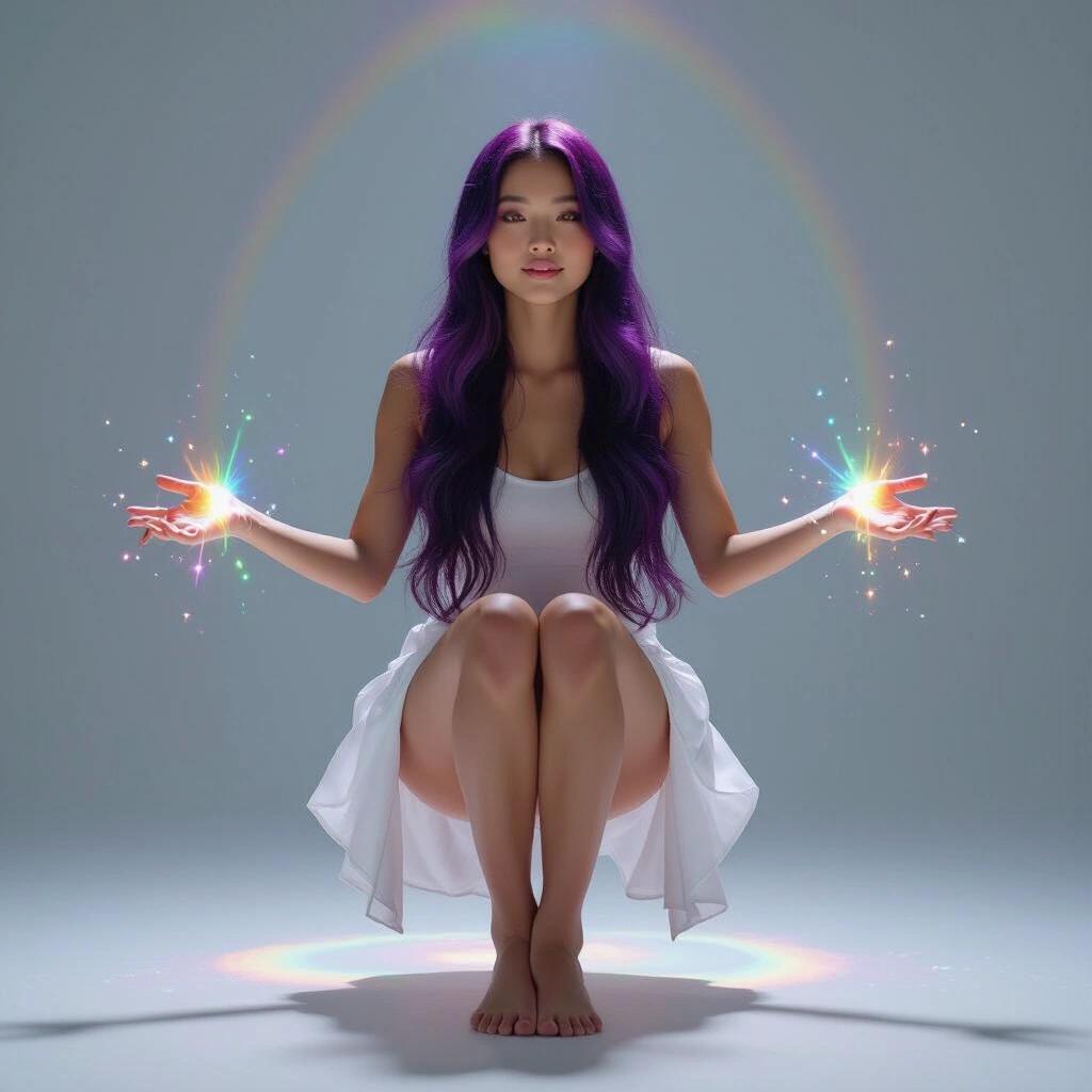 Asian girl with long dyed purple hair sitting gracefully midair. Body and feet are off the ground. Hands are outstretched shining with rainbow light. Soft, mystical environment.