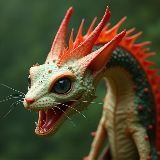 A dragon-cat hybrid resembling a venus flytrap with a red, white, and green palette