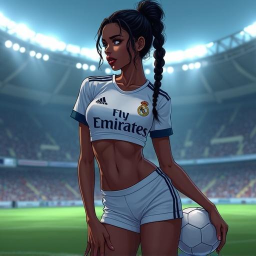 Digital anime illustration of a dark skin woman in a cropped Real Madrid jersey and shorts. She poses on a soccer field holding a beach ball. The grandstands and floodlights create a dramatic backdrop.