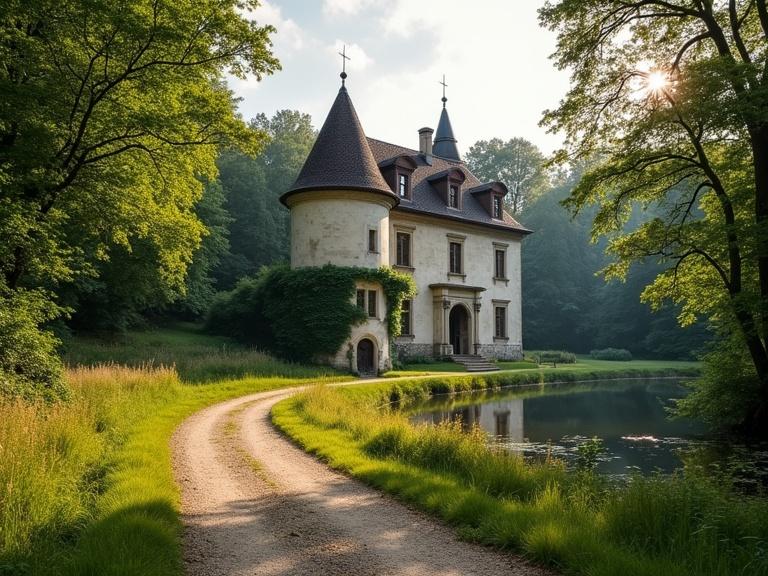 Dirt path leading to an abandoned old Renaissance manor house surrounded by lush vegetation and a small lake next to the chateau during late afternoon sunny day.