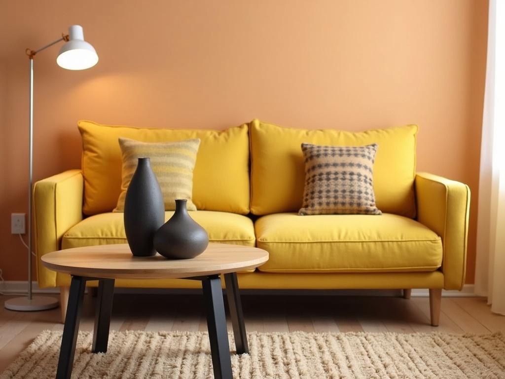 This image shows a cozy living room with a contemporary and inviting design. A bright yellow sofa with a soft texture stands out against the pale orange wall. Two decorative pillows adorn the couch, adding comfort and a splash of color. In front of the sofa, there is a stylish coffee table with a wooden top and sleek black legs. The table features two elegant vases in dark tones, which complement the overall decor. To the side, a tall white floor lamp provides warm lighting, enhancing the inviting atmosphere. A textured area rug lies beneath the table, adding warmth and style to the wooden floor.