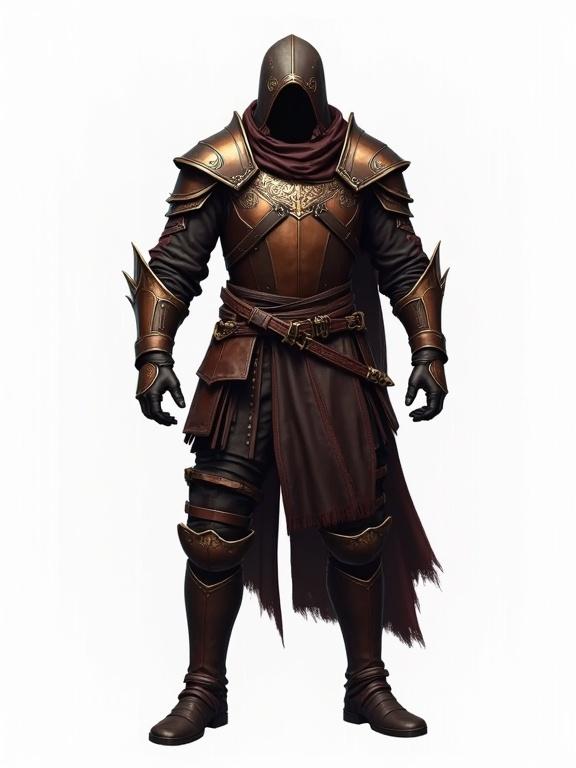 A body armor character design featuring leather elements. Armored figure showcases swiftness with distinct armor details. Transparent background. No visible legs, head, or hands.