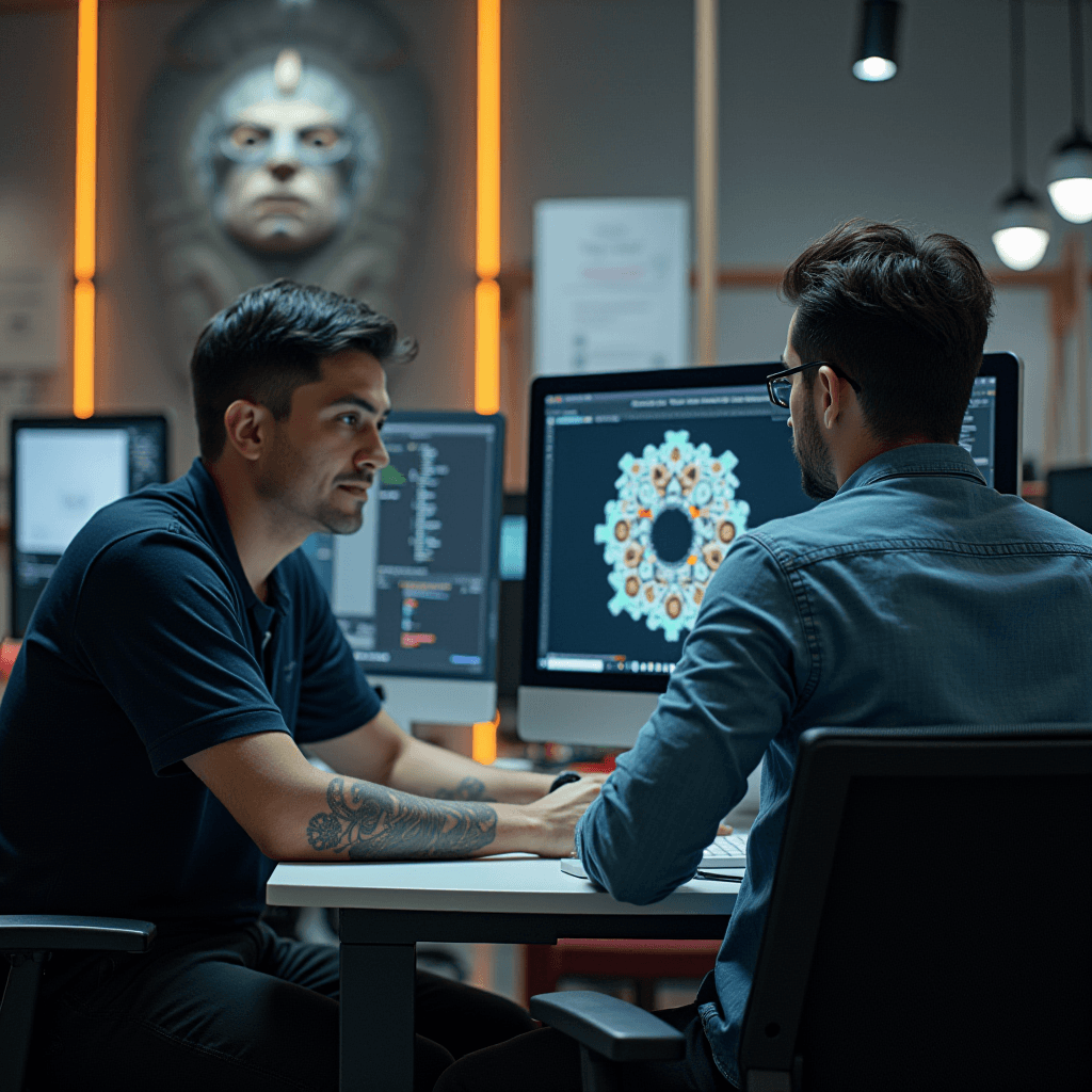 Two individuals are sitting at a desk, working intently on computers displaying complex designs.