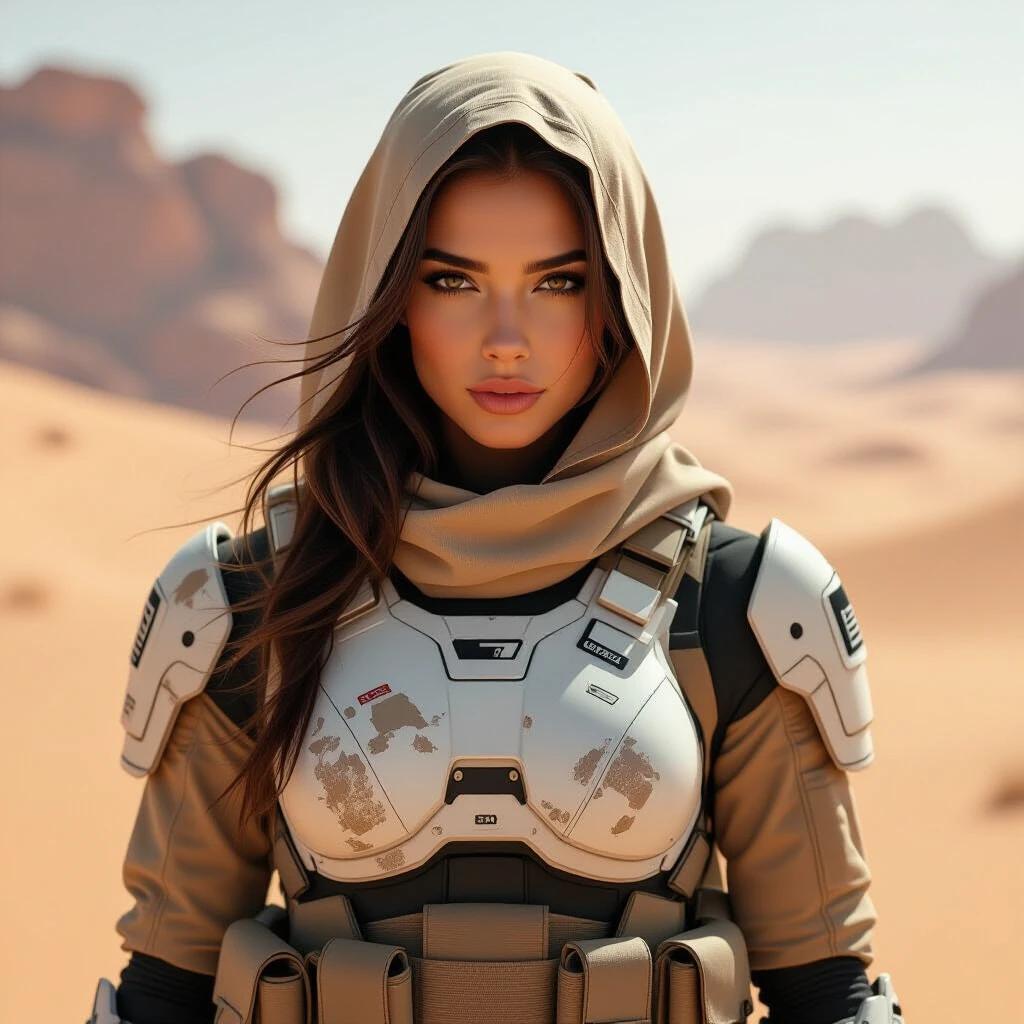 A realistic female sci-fi soldier stands in a desert landscape. She wears light grey military camouflage gear and has a beige hood. The environment is sandy and rugged.