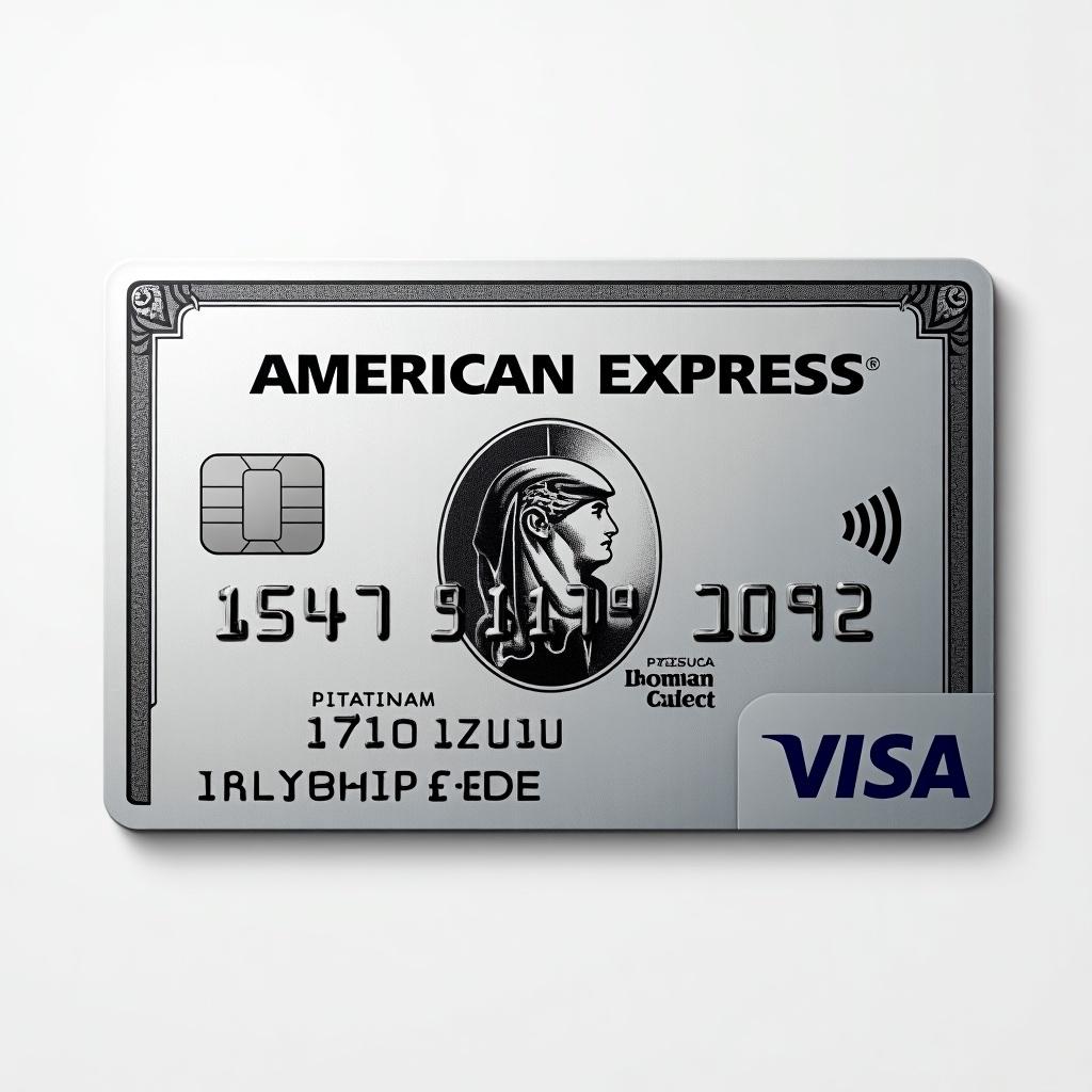 Realistic image of a platinum American Express credit card. Visa logo displayed. Distinct details visible. Cardholder name is Abhishek Desai. Expiry date March 2032. Silver background with bold black font for modern elegance.