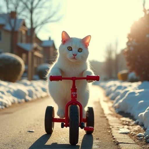 Photo of a white cat riding a red tricycle on a suburban street during sunny winter with snow on the ground. Captured in 8mm film style.