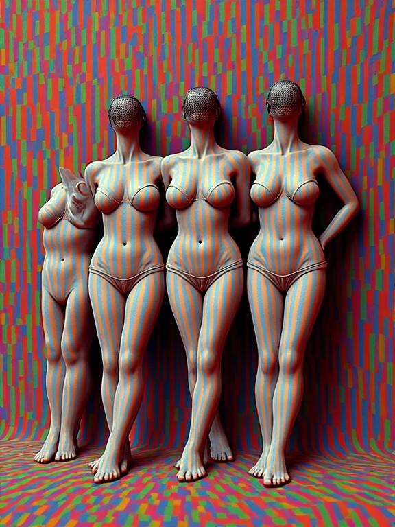 Skinny human bodies wearing half bikinis in various ages. Figures emerging from a vibrant patterned background. Style mimicking needle pictures and optical art. Incorporates 3D illusion and color gradient.