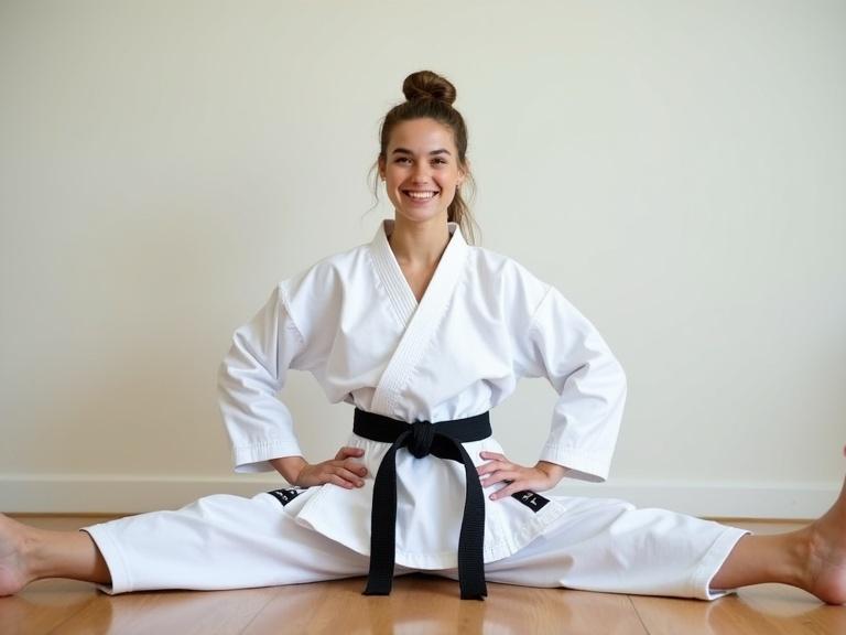 Young adult woman performs full split stretch in white karate gi. She wears a black belt and has a proud smile. Seated on a wooden floor with hands on hips. Natural light illuminates the scene. Simple background keeps focus on the athlete. The view shows her full body and one foot in foreground.