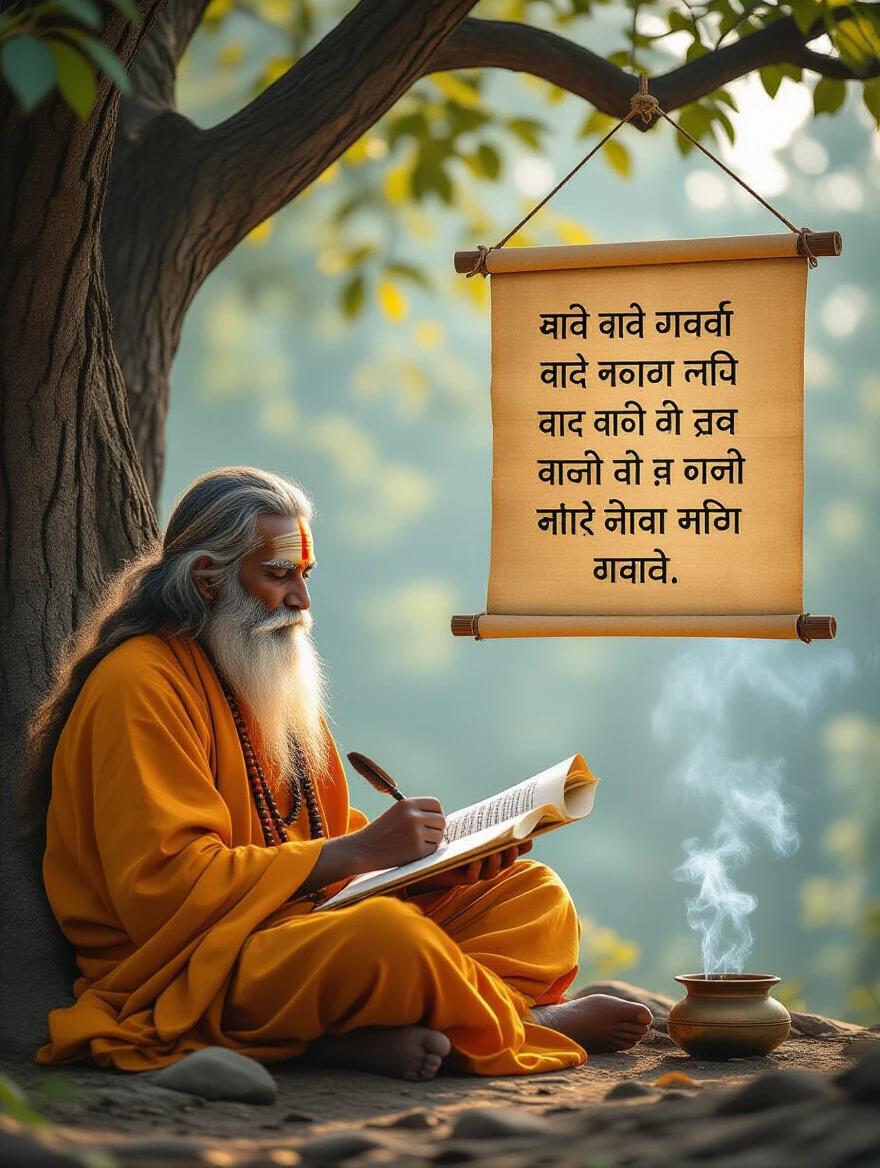 A wise Indian sadhu with a long beard wears saffron robes. He sits under a tree in a serene Himalayan forest. He is writing on an ancient scroll with a feather quill. A poster hangs from the tree with a Sanskrit shloka and its Hindi translation. The background features soft sunlight and incense smoke, creating a calm spiritual atmosphere.